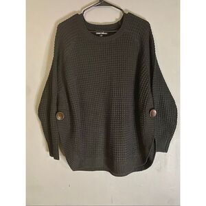 Ronnie Salloway Black Chunky Knit Button Split Side Scoop Neck Sweater M